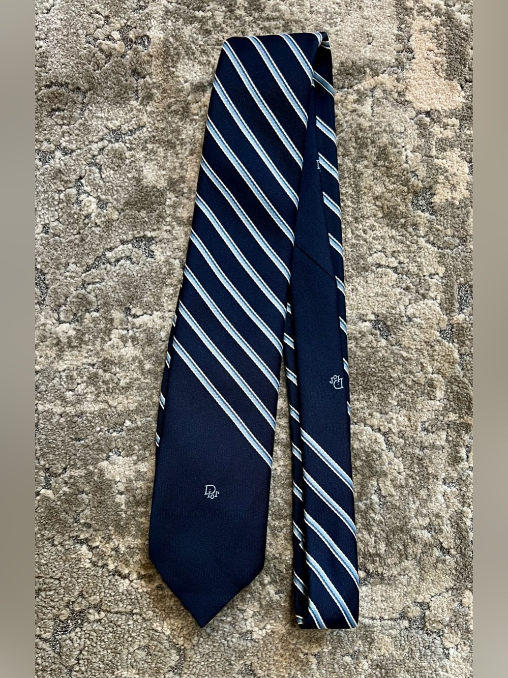 CHRISTIAN DIOR Mens Navy Striped  Silk Tie Dior Logo Hudson's Detroit 70s Vtg